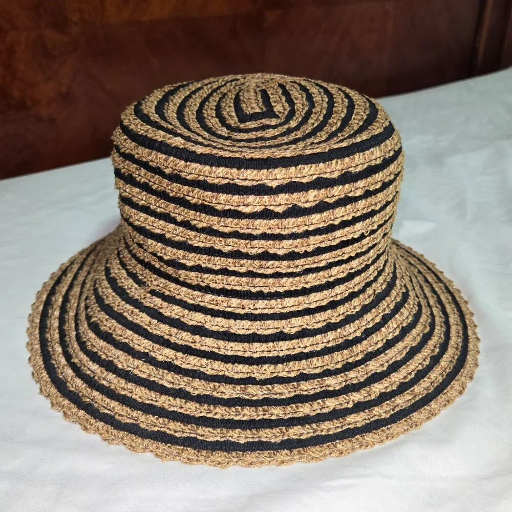 Eric Javits New York Packable Straw Bucket Sun Hat Tan Black Stripe UPF - Picture 4 of 14